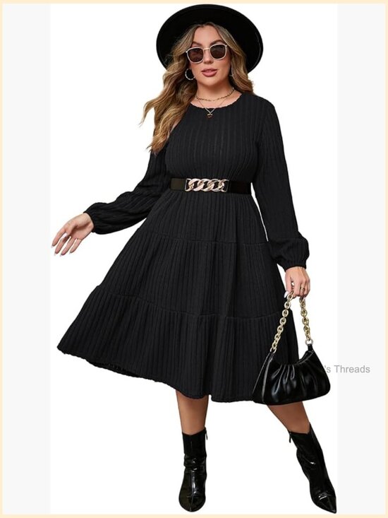 Dresses & Skirts - Women Plus Size Knit Sweater Dress Round Neck Long Sleeves Midi Dress with Belt